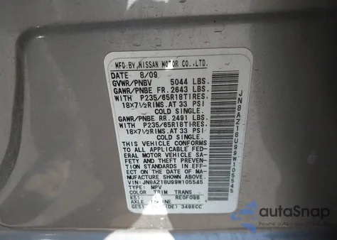 2009 Nissan Murano Sl z USA, uszkodzony, nr VIN JN8AZ18U99W105545